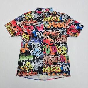 Fresh Brand Mens Graffiti Print Short Sleeve Button Down Shirt Multicolor Large